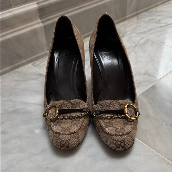 Gucci Shoes - Gucci Beige Monogram Loafers with Gold Accent